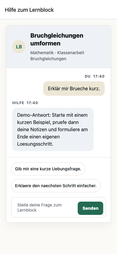 Lern-Planer Chat mit einer Frage und Hilfsantwort zu Bruchgleichungen
