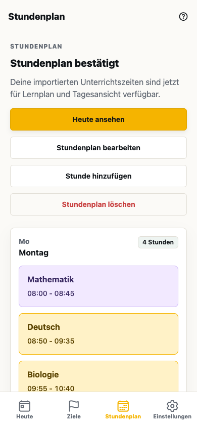 Bestätigter Wochenstundenplan in Lern-Planer