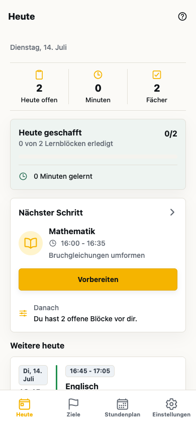 Lern-Planer Heute-Ansicht mit empfohlenem Mathematik-Lernblock